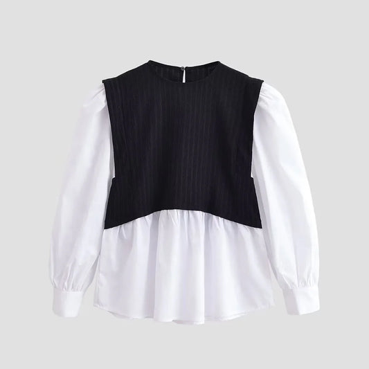 Color blocking splicing fake two-piece top - London Look