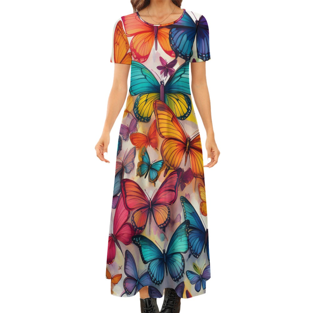 Round Neck Butterfly Short Sleeve Dress (No Pockets) Inkedjoy