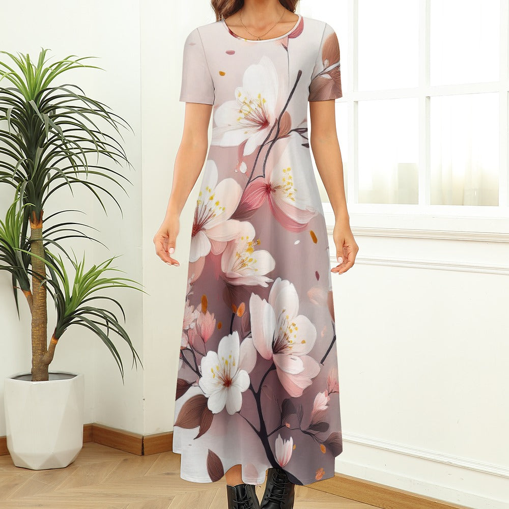 Flower Print Short Sleeve Dress (No Pockets) Inkedjoy