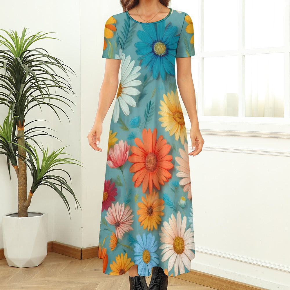 Daisy Print Short Sleeve Dress (No Pockets) Inkedjoy