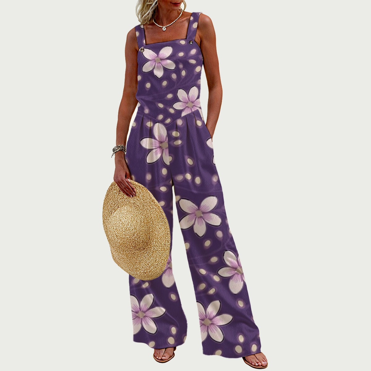 Purple Flowers Wide-Leg Linen-Look Jumpsuit
