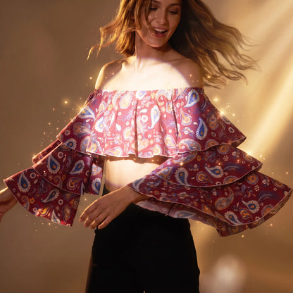 Red Paisley Off Shoulder Top Milk Silk